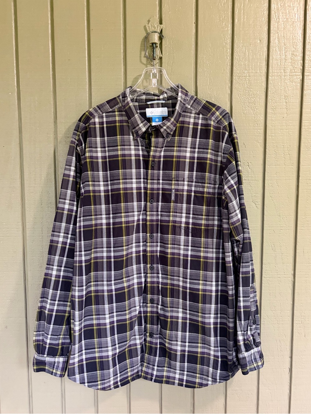 COLUMBIA Sportswear Men's XL Plaid Shirt Gray Purple 100% Cotton LS Button Up